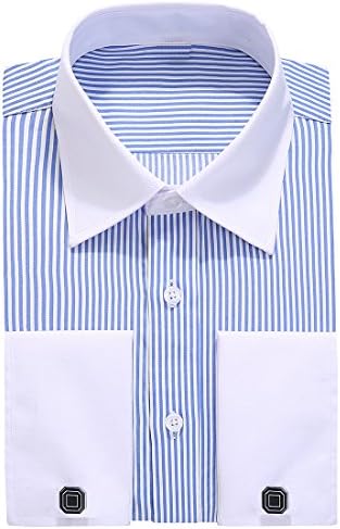 Contrast Collar Stripe French Cuff Men's Dress Shirts Light Blue - Standard Fit With Cuff Links (17" Neck - 34/35" Sleeve)