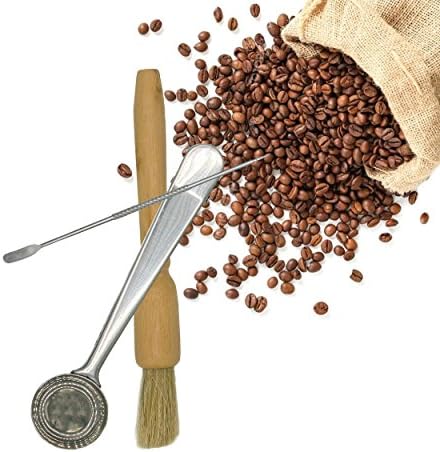 Barista Tools Coffee Grinder Brush, Scoop w/Clip and Latte Art Pen, Stainless Steel, Wood &amp; Natural Bristles