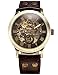 New Brand Mall Mens Steampunk Skeleton Case Automatic Mechanical Brown Brown Leather Sport Wrist Watch