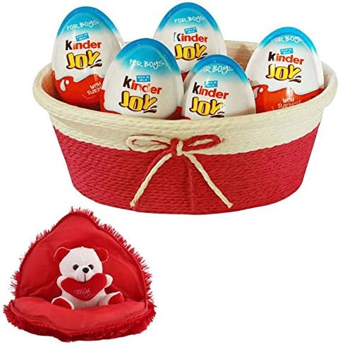 SFU E Com Kinder Joy Treat with Tie Basket | Lovely Gift Combo for Him, Her, Husband, Wife, Girl Friend, Boy Friend | Heart Shaped Cushion with Teddy Bear Inside