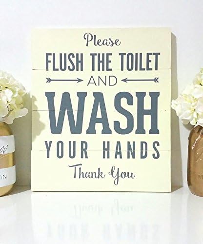 WoodenSign Please Flush The Toilet Wash Your Hands Bathroom Sign Yellow Bathroom Decor Farmhouse Bathroom Bathroom Rules Bathroom Wall Decor 12" x 14"
