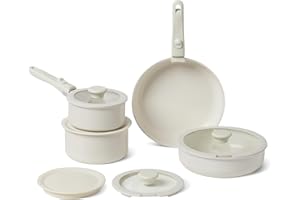 鶹 Basics Ceramic Nonstick Stackable Cookware with Detachable Handles, 11-Piece Set, All Cooktop Friendly, Ivory