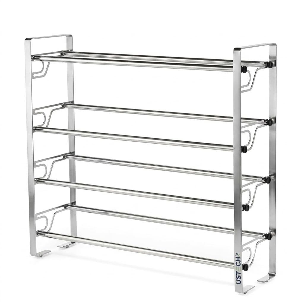USTECH 4 Tier Adjustable Chrome Shoe Rack Storage Organizer | Portable, Large, Free Standing Closet Shelf for Bedroom and Entryway | Metal Shoe Shelf for Kids and Adults | 16 Pairs of Shoes