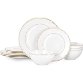 KINGSTONE 12Pcs Gold Trim White Bone China Set, Service for 4 | Lightweight translucent plate &amp; bowl set. Microwave &amp; dishwasher safe. Ideal for home dining, festivals, parties, or gifting.