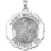 PicturesOnGold.com Saint Michael Scalloped Round Religious Medal - 3/4 Inch Size of a Nickel in Sterling Silver