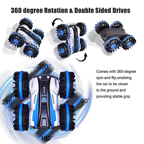 Yuboa Waterproof Remote Control Car Boat,4WD RC Cars 360 Degree Spins and Flip Water Land RC Vehicle 2.4Ghz,Double Sided Stunt Waterproof RC Truck Toy for Boys Kids Xmas Present Blue - Thumbnail 4