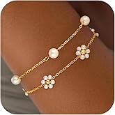 Fezodo Valentines Day Gifts for Her Pearl Bracelet - Dainty 18K Gold Plated Pearl Heart Daisy Beaded Bracelet Stack Beach Jewelry Bracelets Valentines Gifts for Mom Daughter Wife Girlfriend