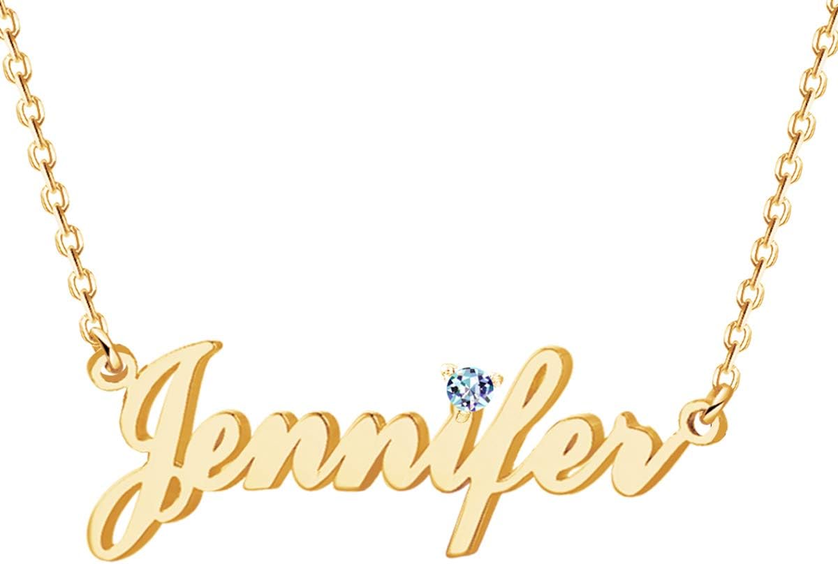 Name Necklace Personalized with Birthstone, Custom 925 Sterling Silver Nameplate Jewelry Gift