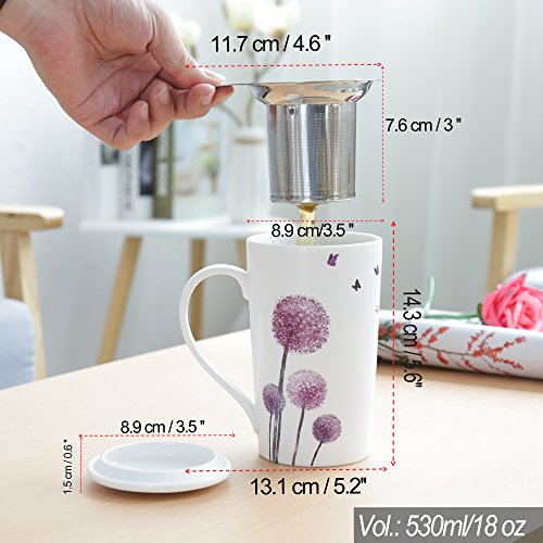 TEANAGOO M58-5 Tea Cup with Filter and Lid, 18 OZ, Dandelion, Dom Dad Women Travel Teaware with Infuser, Tea Cup Steeper Maker, Brewing Strainer for Loose Leaf Tea,Diffuser mug set for Lover Gift