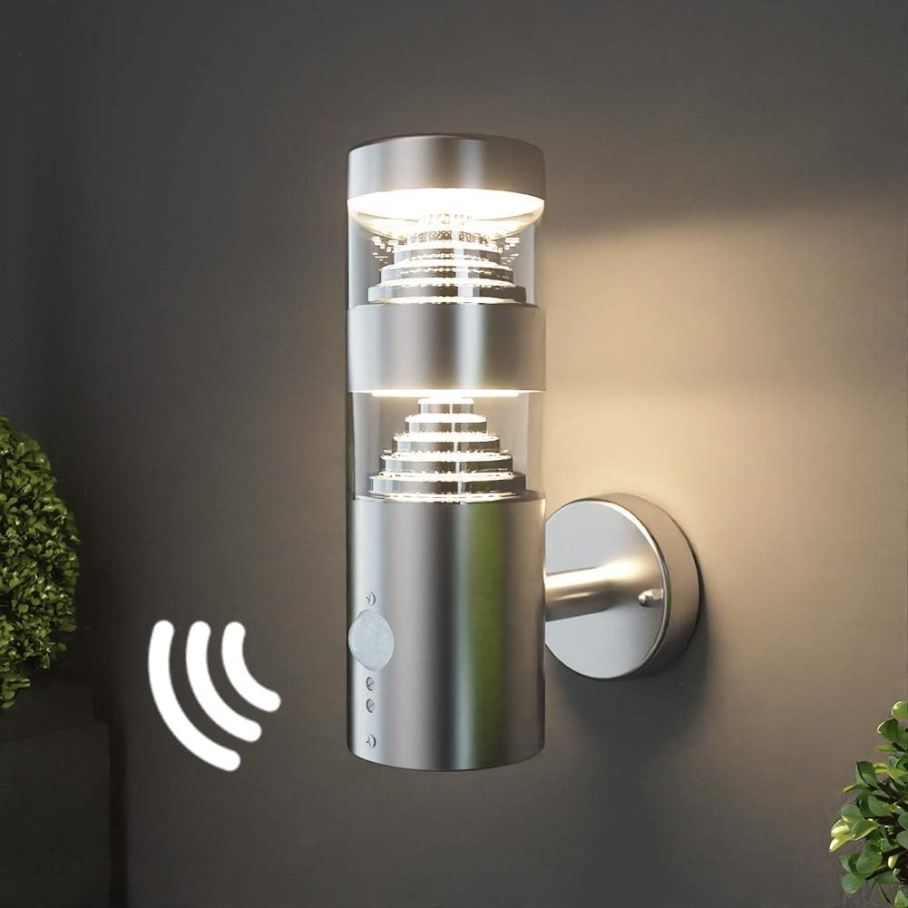 NBHANYUAN Lighting LED Outdoor Wall Light with 4 Modes PIR Sensor,SUS316 Stainless Steel Outside Wall Lamp for Garden,IP54 Front Door Wall Lights Mains Powered 220-240V 9W 1000LM