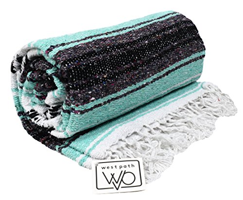 Open Road Goods Mexican Blanket - Mint Teal & Grey Mexican Falsa Beach Blanket - Mexican Yoga Blanket, Picnic Blanket, or Home Throw. Handwoven - Thumbnail 4