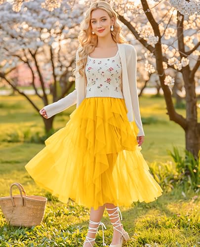 Lovasy Tulle Skirt for Women Long Elastic Waist with Comfortable Lining Asymmetrical and Flowy Puffed Skirt, Ideal for Parties and Daily Use
