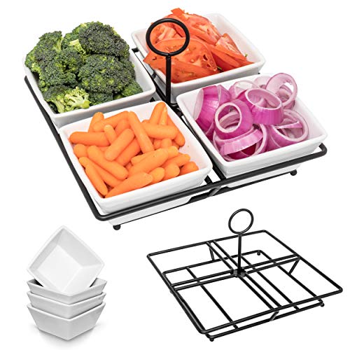 Condiment & Snack Serving Set: 4 White Stoneware Bowls with Metal Display Stand | Perfect for Appetizers, Nuts, and Candy - Thumbnail 7