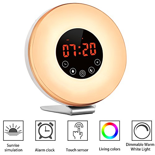 Alarm-ClockWitmoving-Bedside-Sunrise-Simulator-with-Brightness-Automatic-Adjustment-6-Nature-Sounds-FM-RadioWake-Up-LightEasy-Set-Up-via-Touch-ControlPowered-by-USB-Charger-or-Wall-Jack