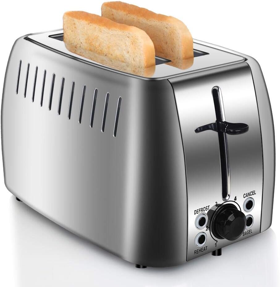 prepAmeal 2 Slice Toaster Stainless Steel Toaster Two Slice Bagel Toaster Small Bake Toaster with 6 Browning Setting, Reheat, Defrost, Bagel, Cancel Function, Extra Wide Slots (Silver - 2 Slice)