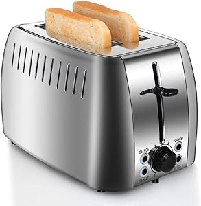 prepAmeal 2 Slice Toaster Stainless Steel Toaster Two Slice Bagel Toaster Small Bake Toaster with 6 Browning Setting, Reheat, Defrost, Bagel, Cancel Function, Extra Wide Slots (Silver - 2 Slice)