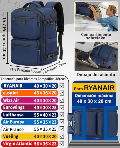 LYNXCHER Airplane Cabin Travel Backpack for Ryanair Easyjet Men Women Backpack Hand Travel Bag, dark blue