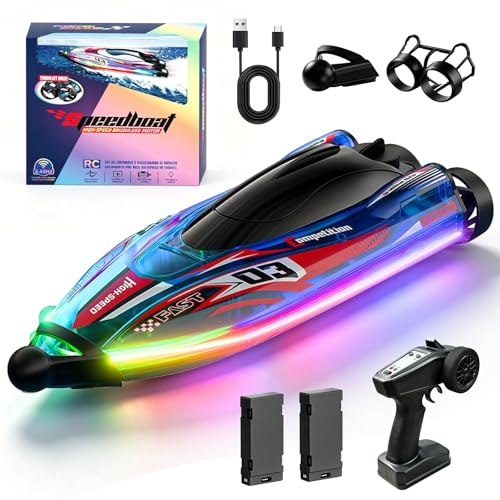 RC Boat Speed 30Km/H Brushless Motor, 360° Automatic Recentring,Rc Boat Led Lights, Shock Resistant And Waterproof, 2.4Ghz Radio Controlled For Kids And Adult