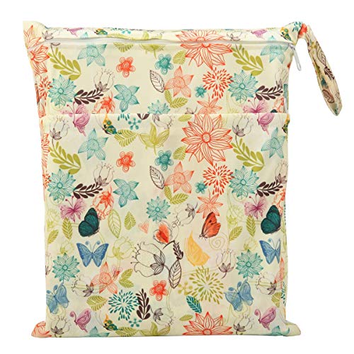Sigzagor Medium Wet Dry Bag Baby Cloth Diaper Nappy Insert Bag Reusable Washable With Two Zippered Pockets (Bloom)