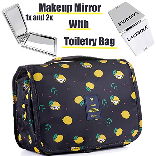 LAKIBOLE Hanging Toiletry Bag with Travel Mirror, Multifunction Cosmetic Bag Portable Makeup Pouch Waterproof Travel Hanging Organizer Bag for Women Girls (Navy Blue & Lemon)