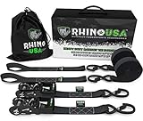 RHINO USA Ratchet Straps Motorcycle Tie Down Kit, 5,208 Break Strength - (2) Heavy Duty 1.6" x 8' Rachet Tiedowns with Padded Handles & Coated Chromoly S Hooks + (2) Soft Loop Tie-Downs (BLACK)