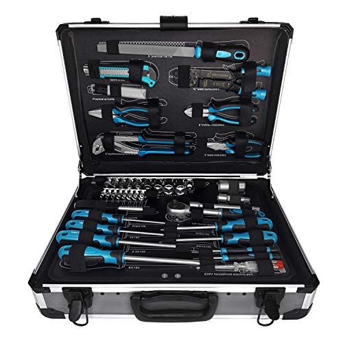 LARS360 208tlg Werkzeugsatz im Alukoffer Universal Bestückt Werkzeugkiste Haushalts Werkzeugkoffer inkl. Kunstmesser…