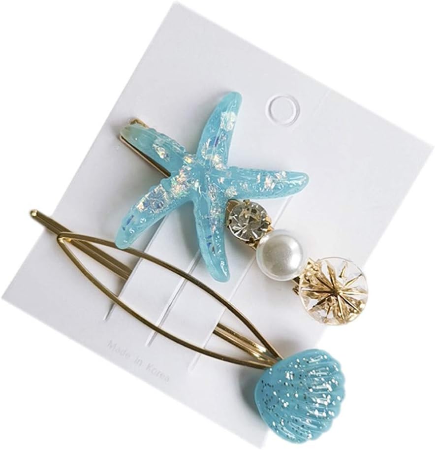 Homeofying Solid Color Colorful Candy Color Summer Glitter Shine Shiny Bling 2Pcs/Set Women Starfish Shell Faux Pearl Rhinestone Hairpin Hair Clip Headwear 1#