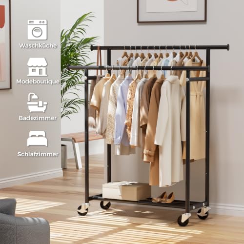 HYSEYY Clothes Rack on Wheels, Double Clothes Rail with 4 Lockable Wheels and Shelf, 110kg Load Capacity, Sturdy Coat Rack for Bedroom, Laundry Room, Black