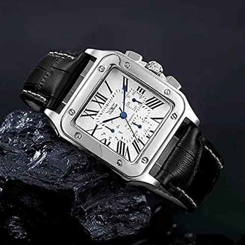 Gute Mens Watches, Mechanical Calendar Automatic Self-Winding Roman Numeral PU Leather Wrist Watch with Blue Hands