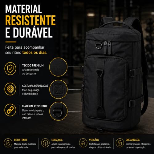 Bolsa Academia Viagem Mochila Porta Tênis Preta 4 em 1 – Alça Transversal e Compartimento de Calçados – Fit Travel Preemier