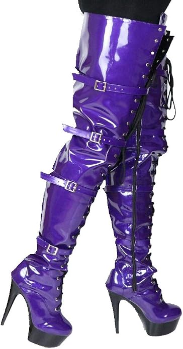 purple thigh high boots chunky heel