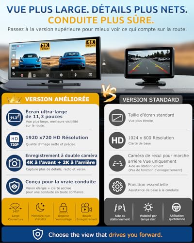ESSGOO CarPlay Voiture, Supporte CarPlay sans Fil et Android Auto, Écran Tactile IPS 11,3 Pouces, Caméra Avant 4K et Caméra de Recul 1080P, Bluetooth 5.3, GPS, FM, AUX, Mirror Link