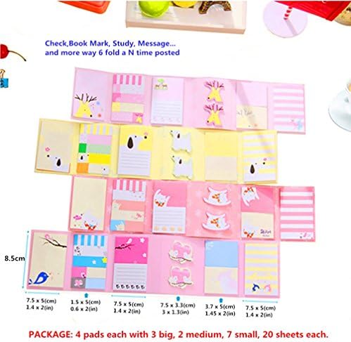 Bright Sticky Notes cute, Self-Stick Pads in Different Shapes, Cartoon 6 Fold N Times Note Colorful Super Tabs Bookmarker Animal Memo Easy Post