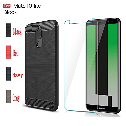 Huawei Mate 10 Lite case,with Huawei Mate 10 Lite screen protector. MYLB (2 in 1)[Scratch Resistant Anti-fall] fashion Soft TPU Shockproof Case with Huawei Mate 10 Lite glass screen protector (Black)