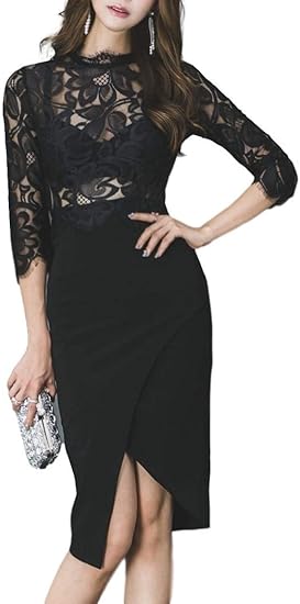 Amazon アイラカリラ オレリー レース シースルー ワンピース スリット 長袖 膝丈 花柄 タイト クラブ パーティ ドレス レディース パーティードレス 通販