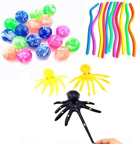 13 Pack Mseeur Stretchy String，Eco-friendly Sensory Toys,3Pcs Stretchy Noodles,2Pcs Soft rubber octopus,8Pcs 30mm Neon Confetti Bouncy Balls,Style Random