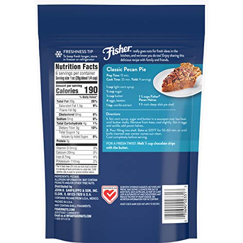 FISHER Chef's Naturals Pecan Halves, 6 oz, Naturally Gluten Free, No Preservatives, Non-GMO