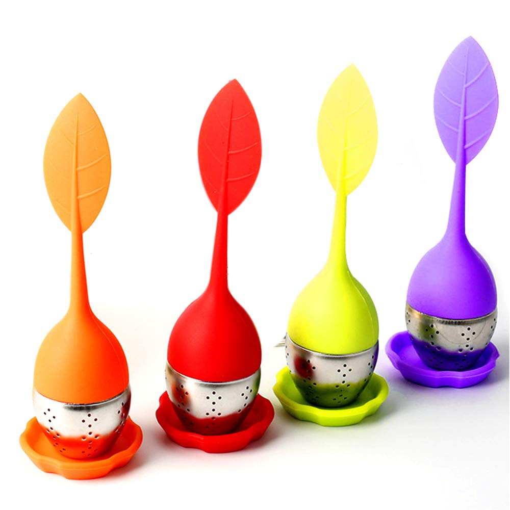 Gwolf Silicone Tea Infuser, Tea Strainer, Warmer Tea, Loose Leaf Tea Strainer, Silicone Handle Stainless Steel Strainer with Free Drip Tray, Tea Infuser, 4pcs