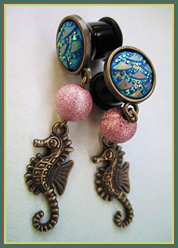 The Rustic Seahorse stretched dangle sea life earrings EAR PLUG pick the gauge size 2g, 0g, 00g, 7/16", 1/2" aka 6mm, 8mm, 10mm, 12mm