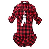 OCHENTA Women's Mid Long Style Roll Up Sleeve Plaid Flannel Shirt C056 Red Black Label 2XL - US 6