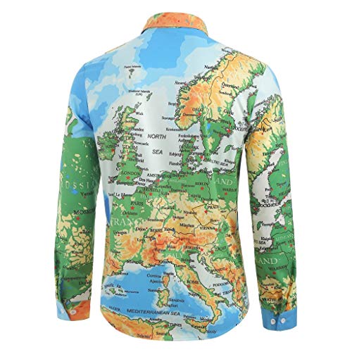 Allywit Fashion Men's Casual World Map 3D Print O-Neck Long Sleeve T-Shirt Tops Blouses Big and Tall - Thumbnail 3