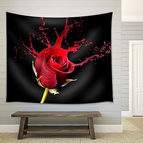 red Rose with red Splashes on Black Background - Fabric Wall Tapestry Home Decor - 51x60 inches