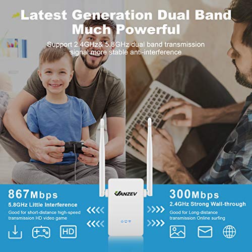 Amplificador-Senal-WiFi-1200Mbps-VANZEV-Repetidor-WiFi-Largo-Alcance-AC1200-de-Doble-Banda-24-GHz-y-5-GHz-Cobertura-Hasta-250-Puerto-Ethernet-WPS-Punto-Acceso-Compatibilidad-Universal-Blanco