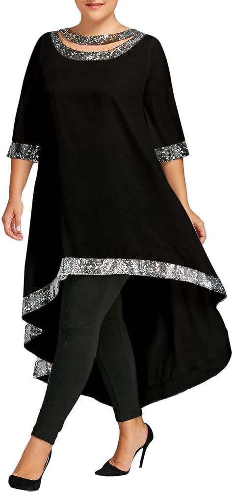 SMILEQ Dress Women Plus Size Ball Gown Three-Quarter Sleeve Skirt Sequined Trim High Low Dress