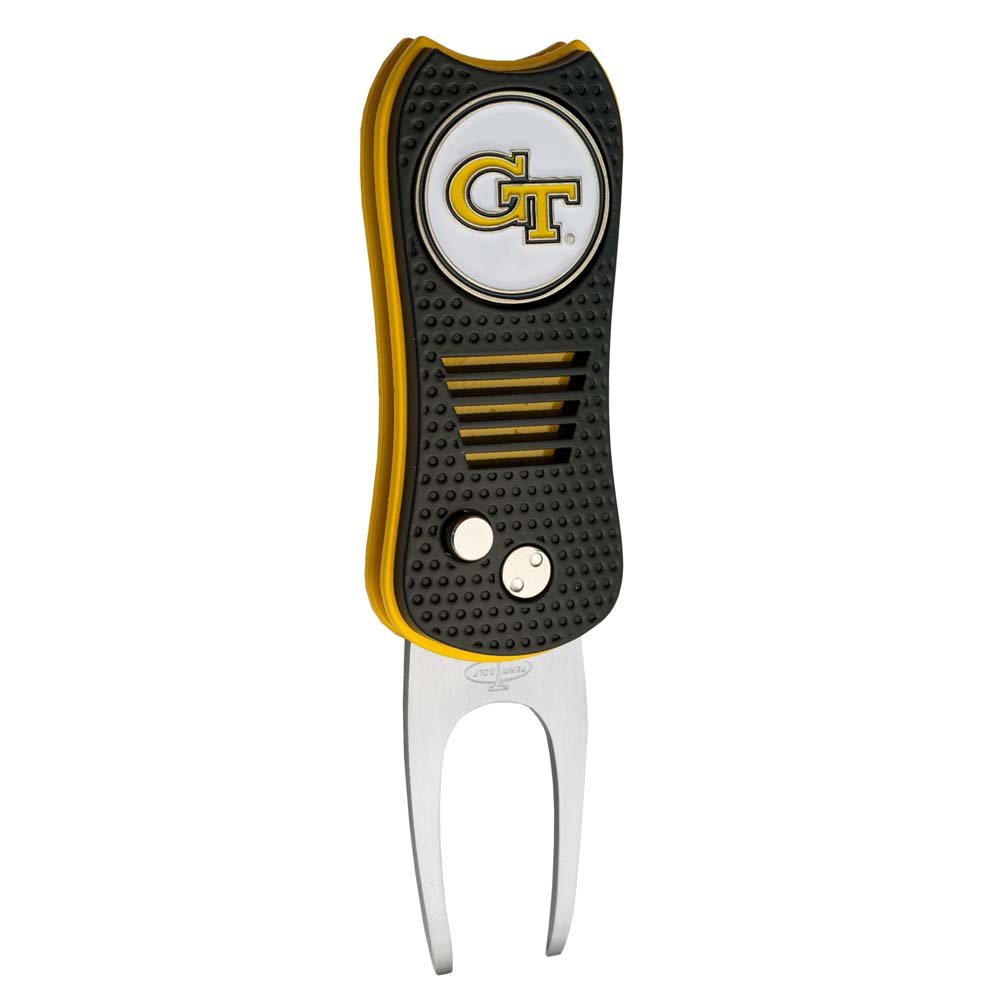 Team Golf NCAA Georgia Tech Yellow Jackets Switchblade Divot Tool with Double-Sided Magnetic Ball Marker, Features Patented Single Prong Design, Causes Less Damage to Greens, Switchblade Mechanism