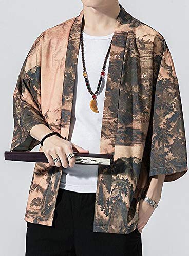 Hotmiss Men's Kimono Cardigan Jacket Japanese Style Flying Crane Seven Sleeves Open Front Coat (Yellow, X-Large)