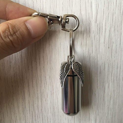 Silver Cremation Urn/Vial with Large Angel Wings - Keychain Keepsake - Includes Velvet Pouch & Fill Kit (There is No Inner Vial)