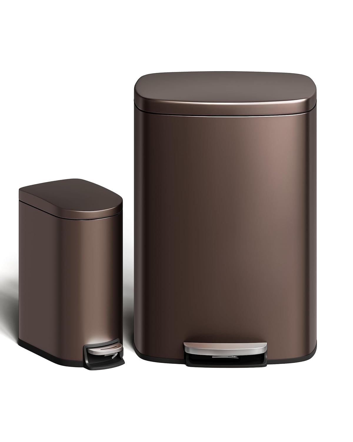 GarveeHome 13 Gal & 2.6 Gal Trash Can Combo Set, Kitchen Trash Can and Bathroom Trash Bin with Lid, Step-On Rustproof Garbage Bin with Inner Bucket, Brown