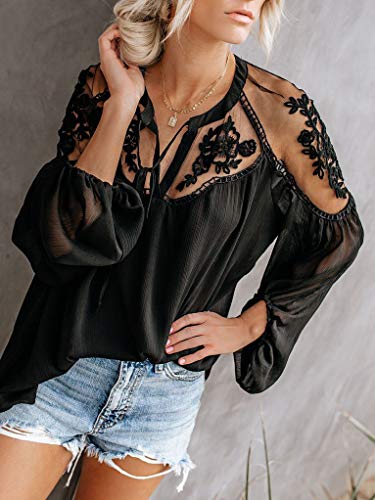 Yezijin Fashion Women Chiffon Lace Hollow Out Solid Blouse Long Sleeve Bandage Tops Sexy Summer Tops 2019 Black