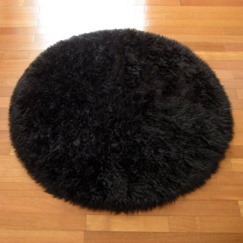 Walk on Me Round Faux Fur Sheepskin Flokati Rug - New Made in France (Black)